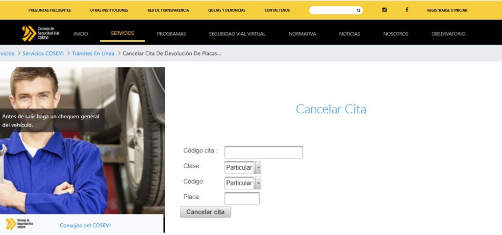 Cancelar una cita en COSEVI
