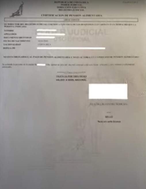 Certificado pensión alimentaria Costa Rica